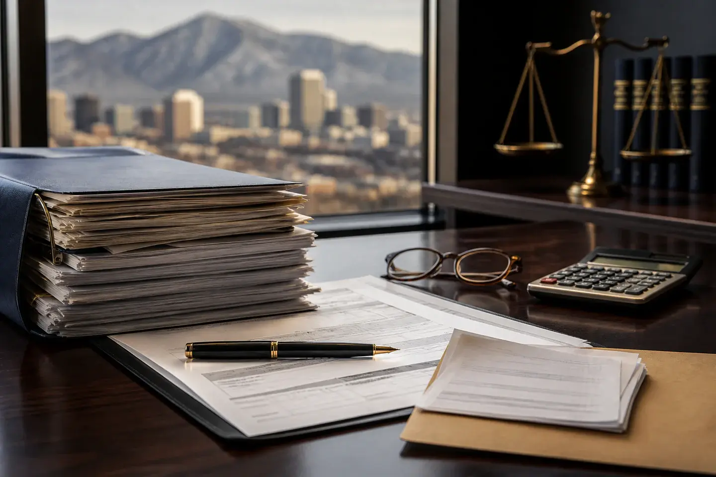 Organized insurance and medical claim records on an attorney desk overlooking Salt Lake City