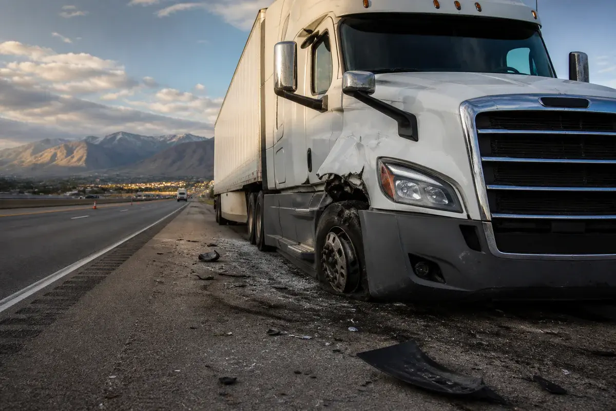 Damaged commercial semi-truck stopped on a Utah interstate shoulder